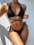 Textured Halter Neck Tie Side Bikini Set - EBYNN