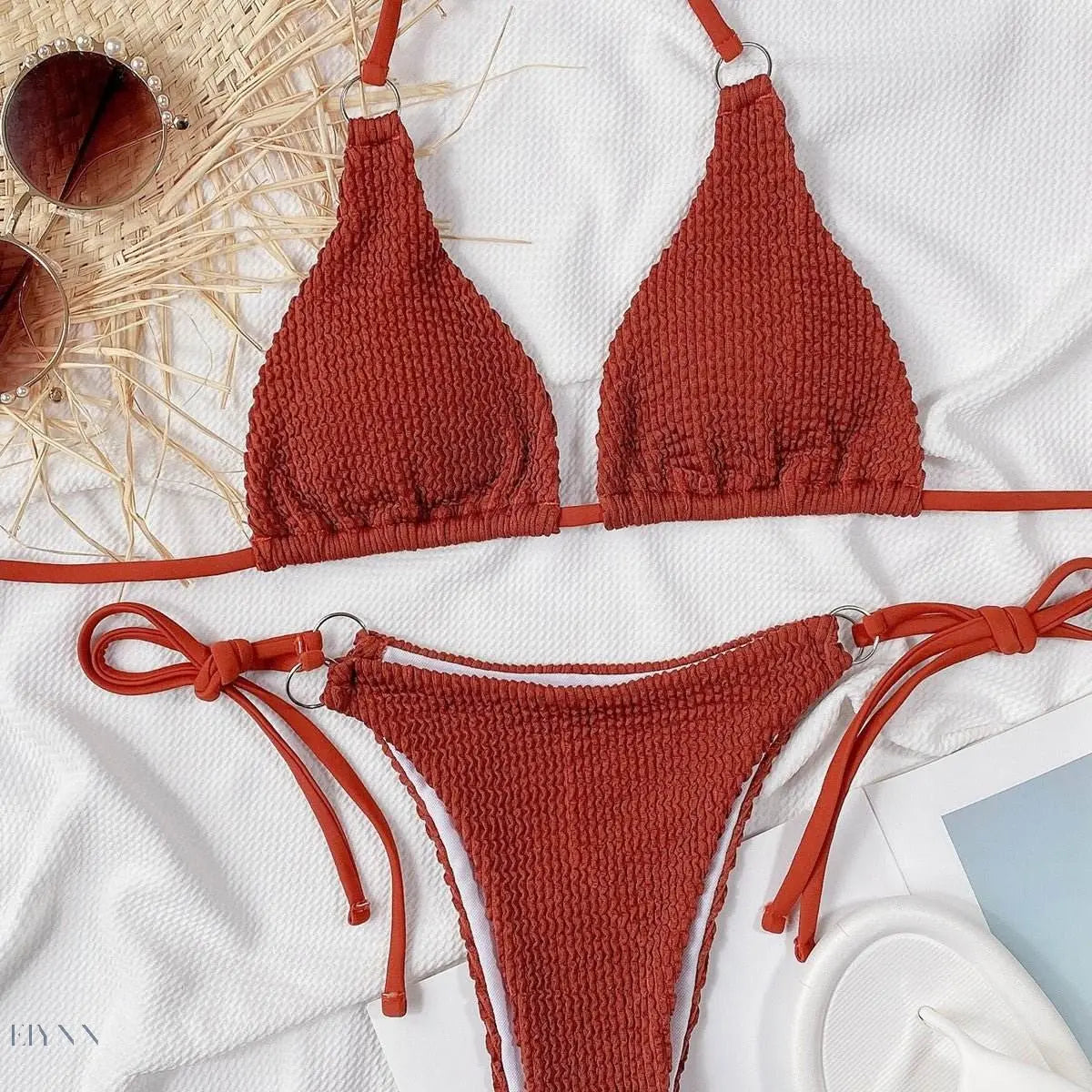 Textured Halter Neck Tie Side Bikini Set - EBYNN