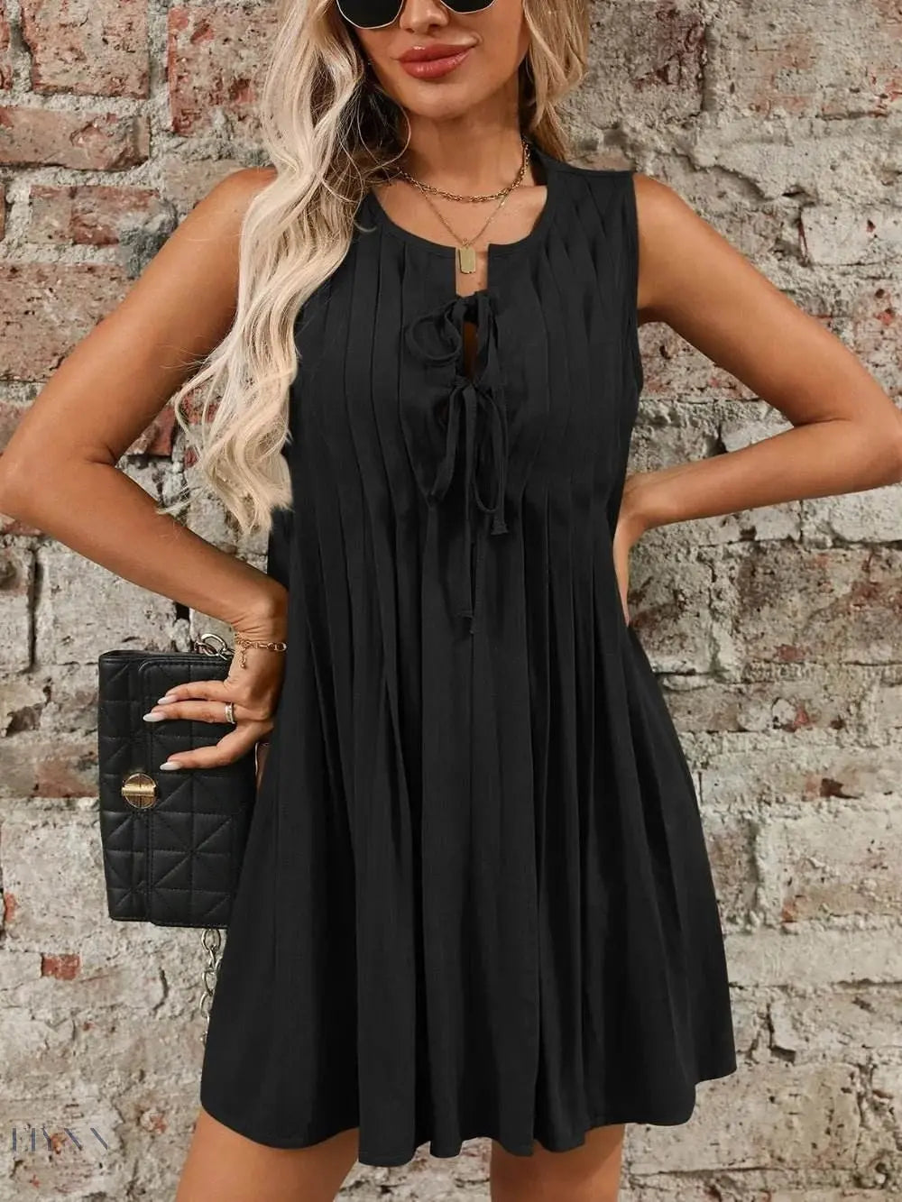 Tied Front Pleated Sleeveless Mini Dress - EBYNN