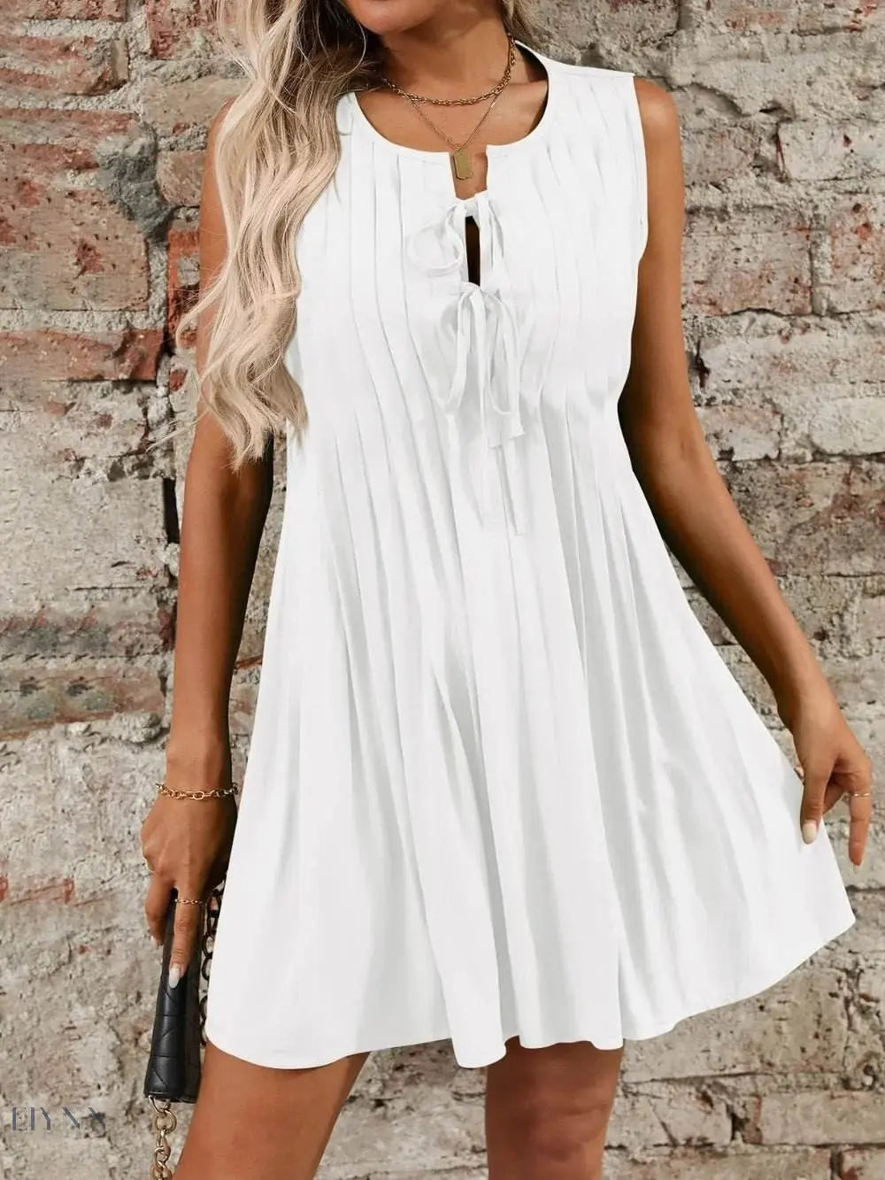 Tied Front Pleated Sleeveless Mini Dress - EBYNN