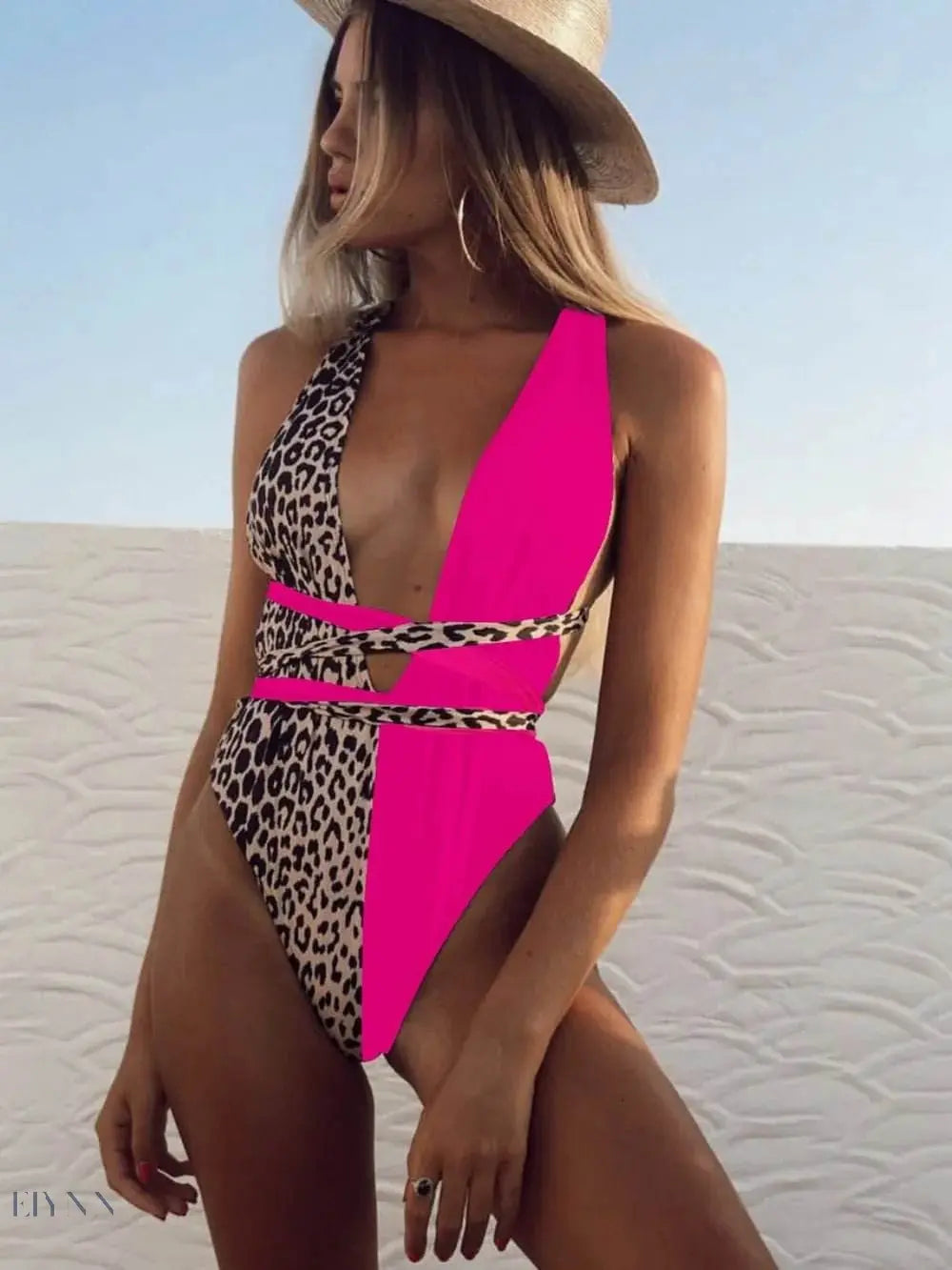 Tied Leopard Plunge One-Piece Swimwear - EBYNN