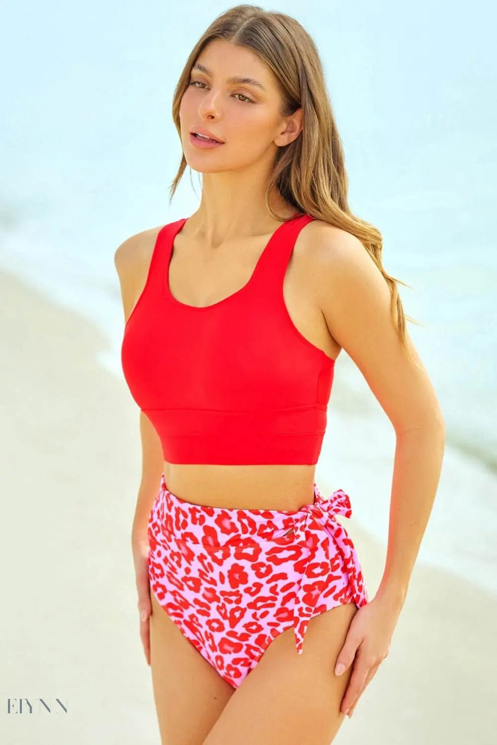 Two-Tone Floral Leopard Tied Two-Piece Swimsuit - EBYNN