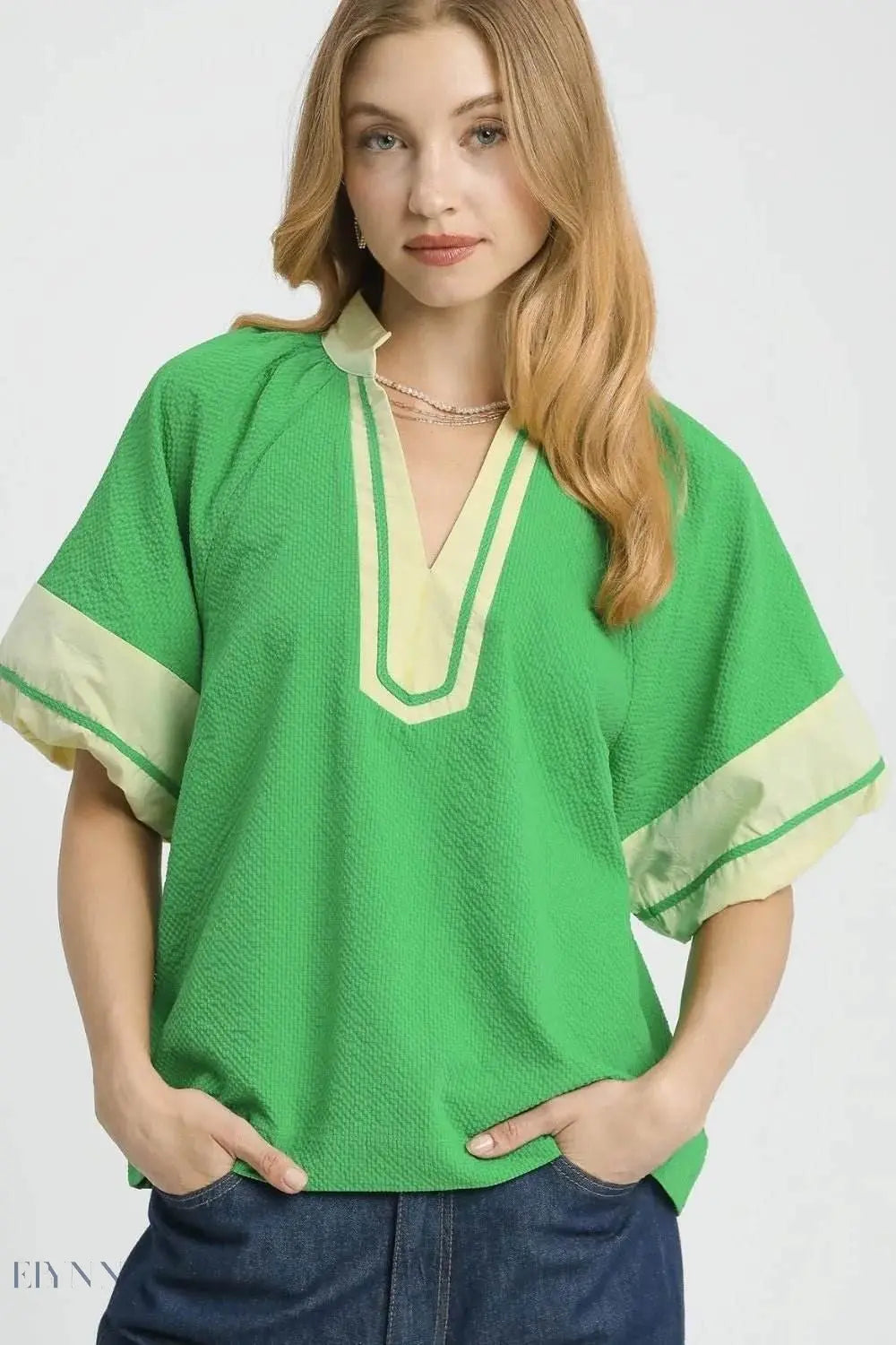 Umgee Puff Sleeve Blouse with Contrast Trim and Notched Design - EBYNN