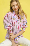 Umgee Floral Print Shirt with Lantern Sleeves and Button Down Design - EBYNN