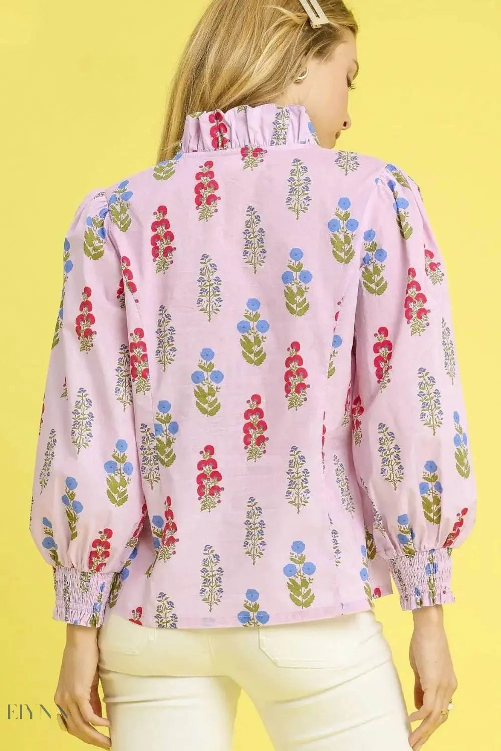 Umgee Floral Print Shirt with Lantern Sleeves and Button Down Design - EBYNN