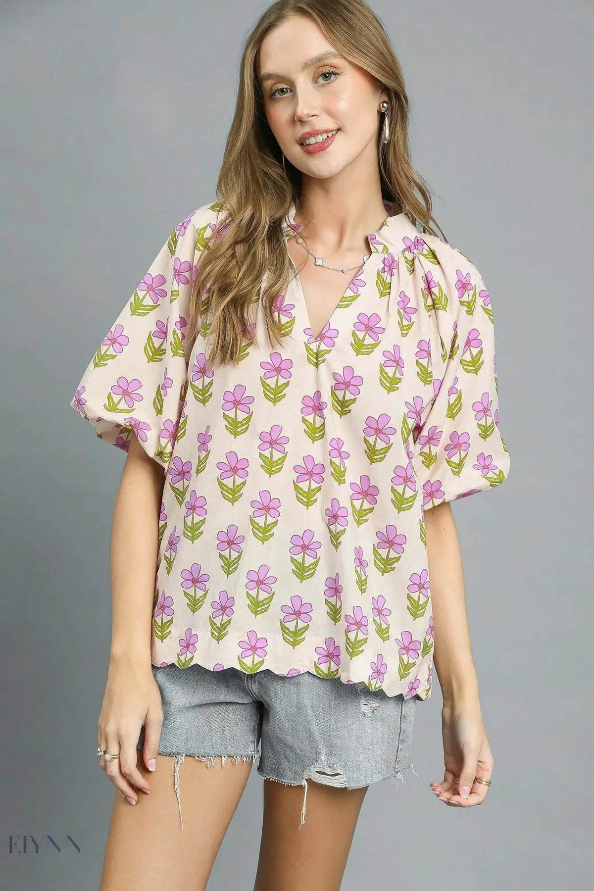 Umgee Floral Print Blouse with Puff Sleeves – Stylish Chic Top for Every Occasion - EBYNN