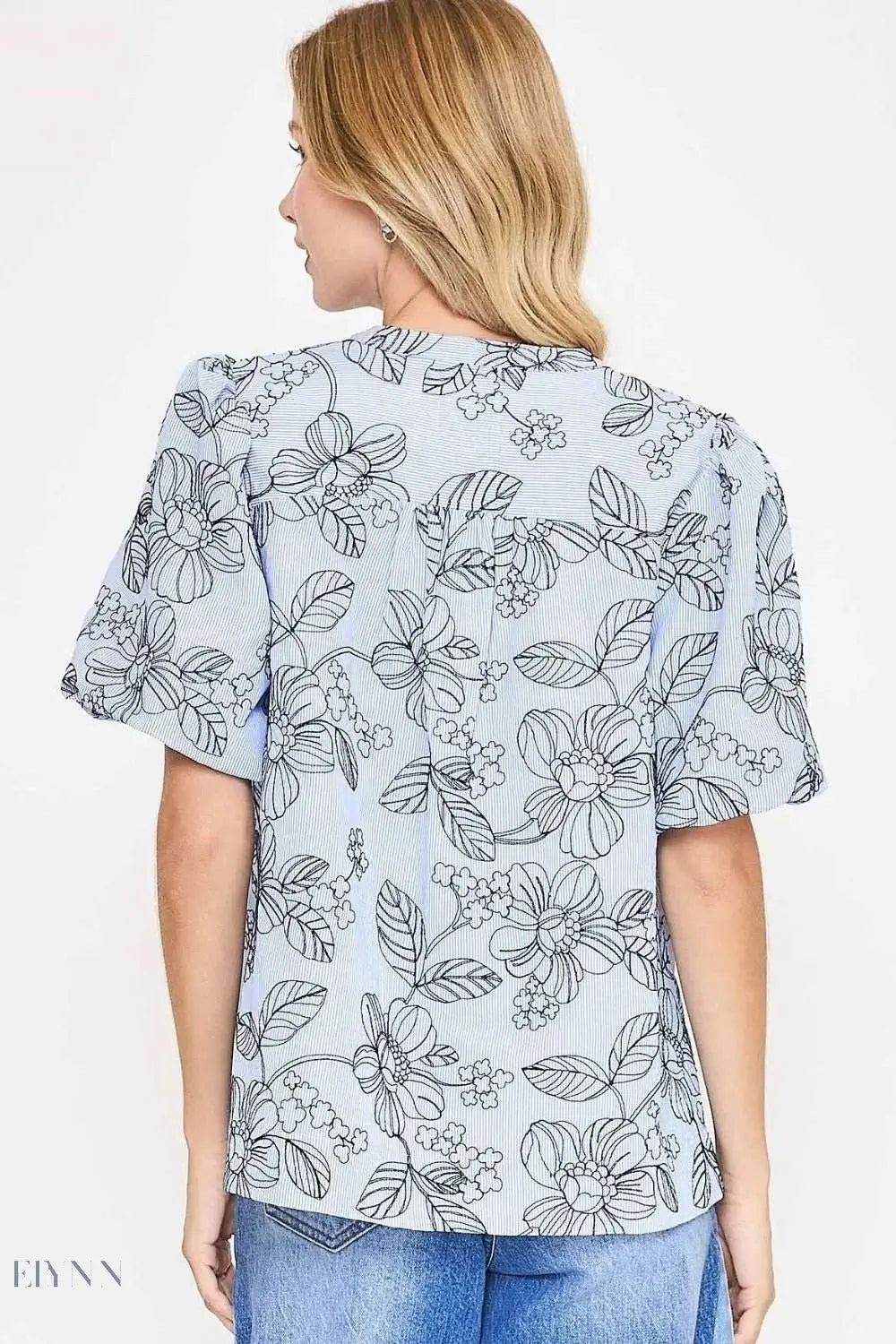 Umgee Floral Blouse with Puff Sleeves in Light Blue - EBYNN