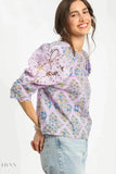 Umgee Floral Blouse with Lace Puff Sleeves - EBYNN