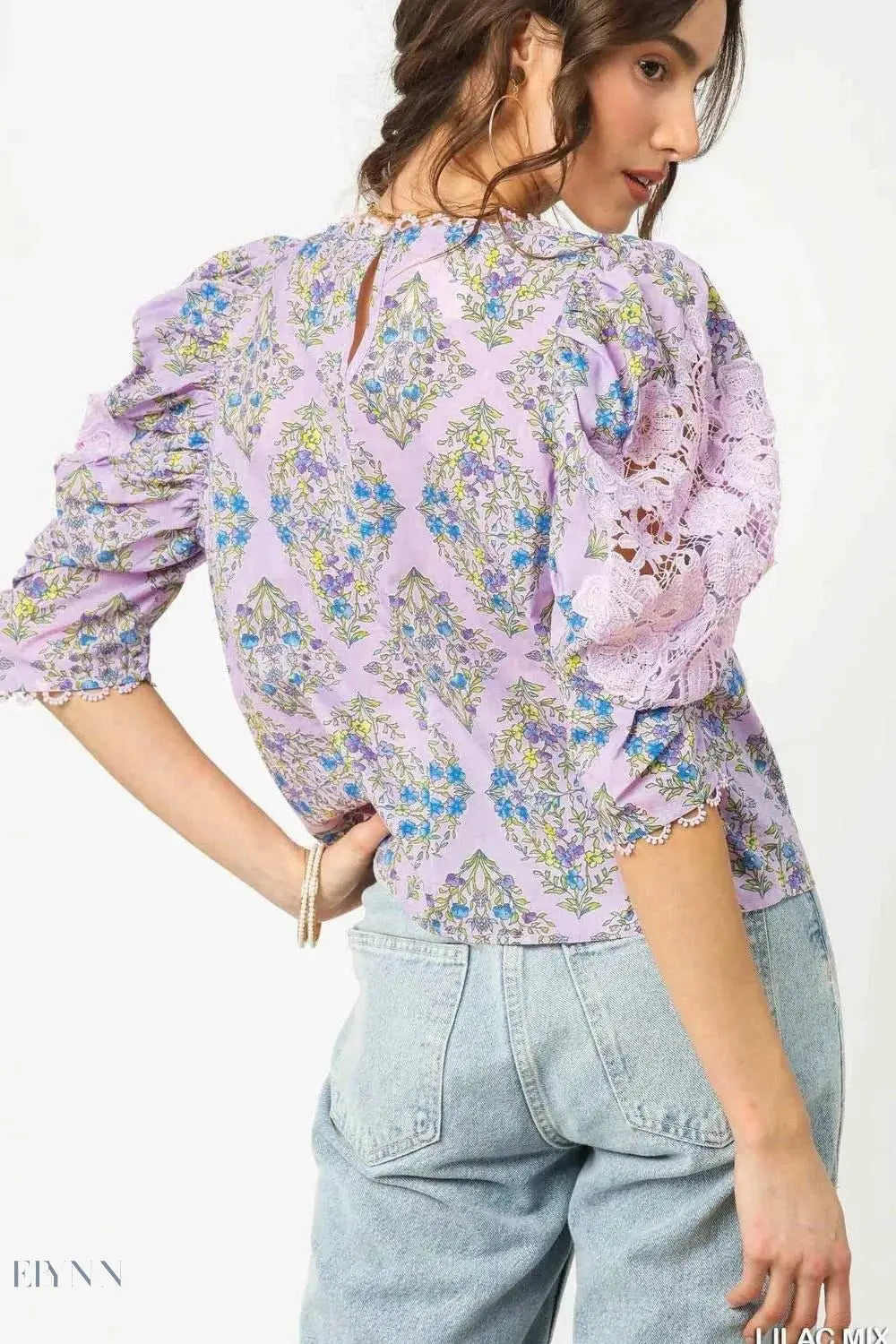 Umgee Floral Blouse with Lace Puff Sleeves - EBYNN