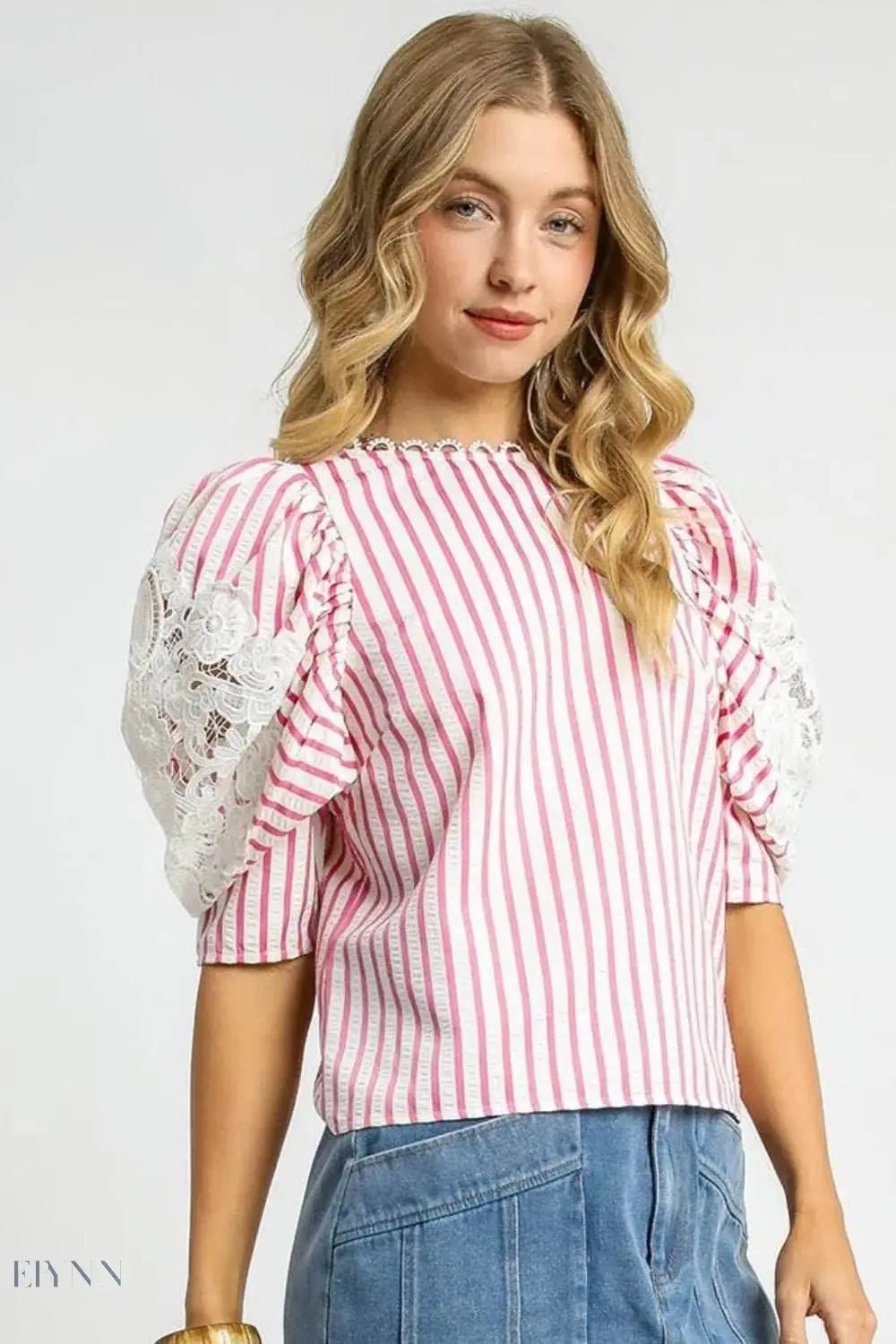 Umgee Striped Lace Blouse with Puff Sleeves for Chic Style - EBYNN