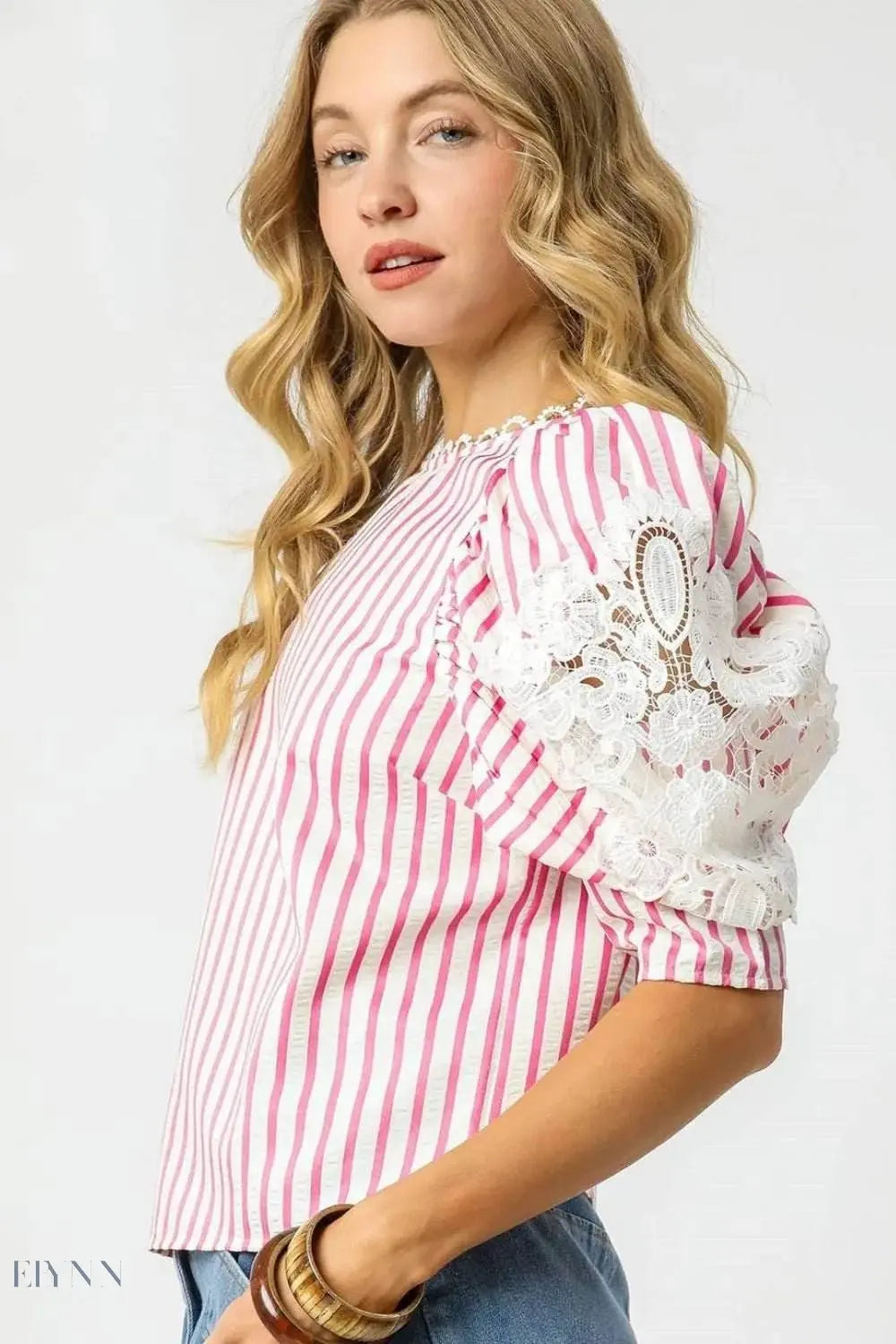 Umgee Striped Lace Blouse with Puff Sleeves for Chic Style - EBYNN