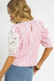 Umgee Striped Lace Blouse with Puff Sleeves for Chic Style - EBYNN