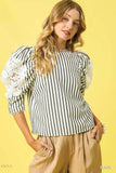 Umgee Lace Puff Sleeve Blouse with Striped Design - EBYNN