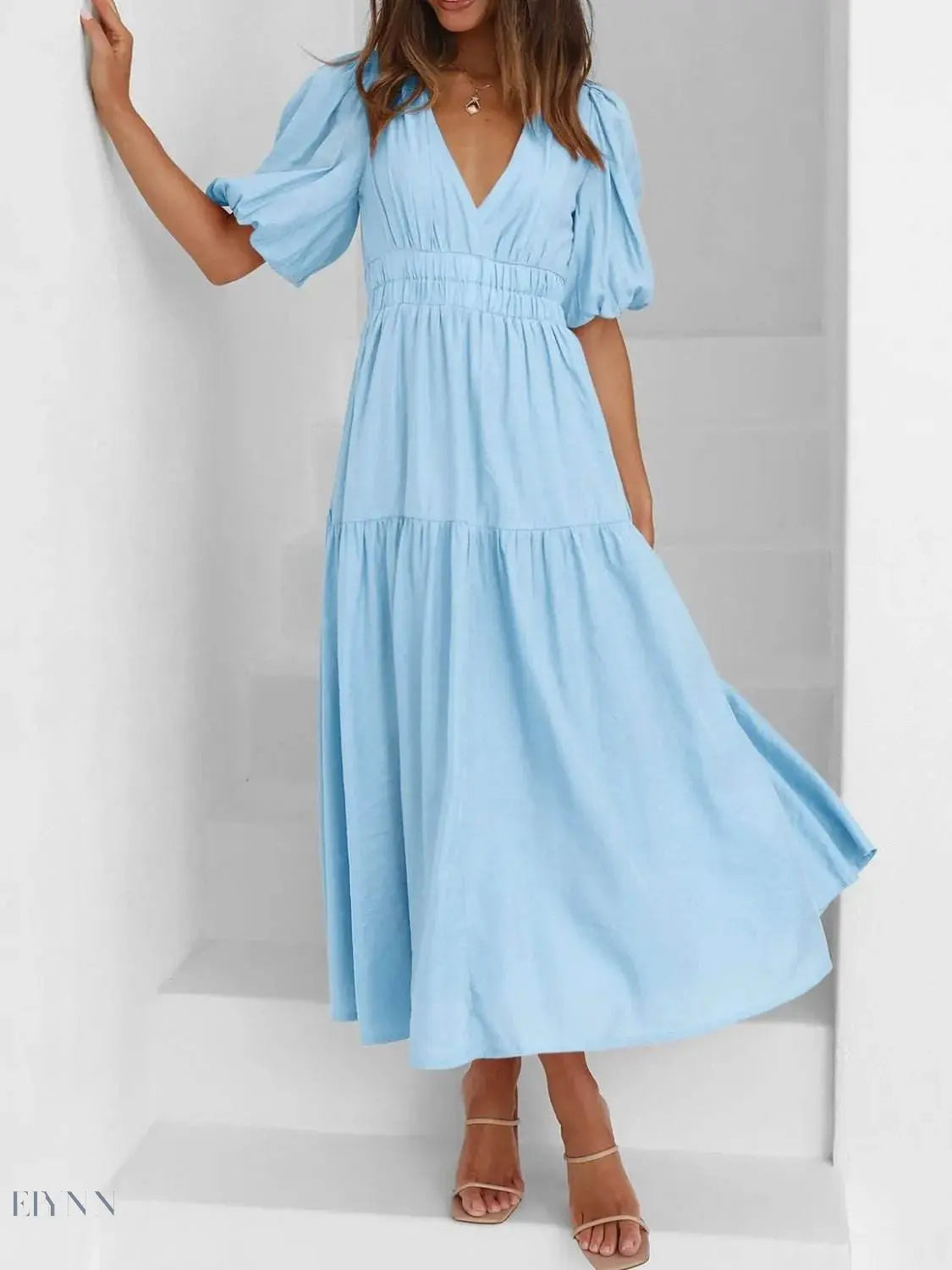 V-Neck Puff Sleeve Midi Dress - EBYNN