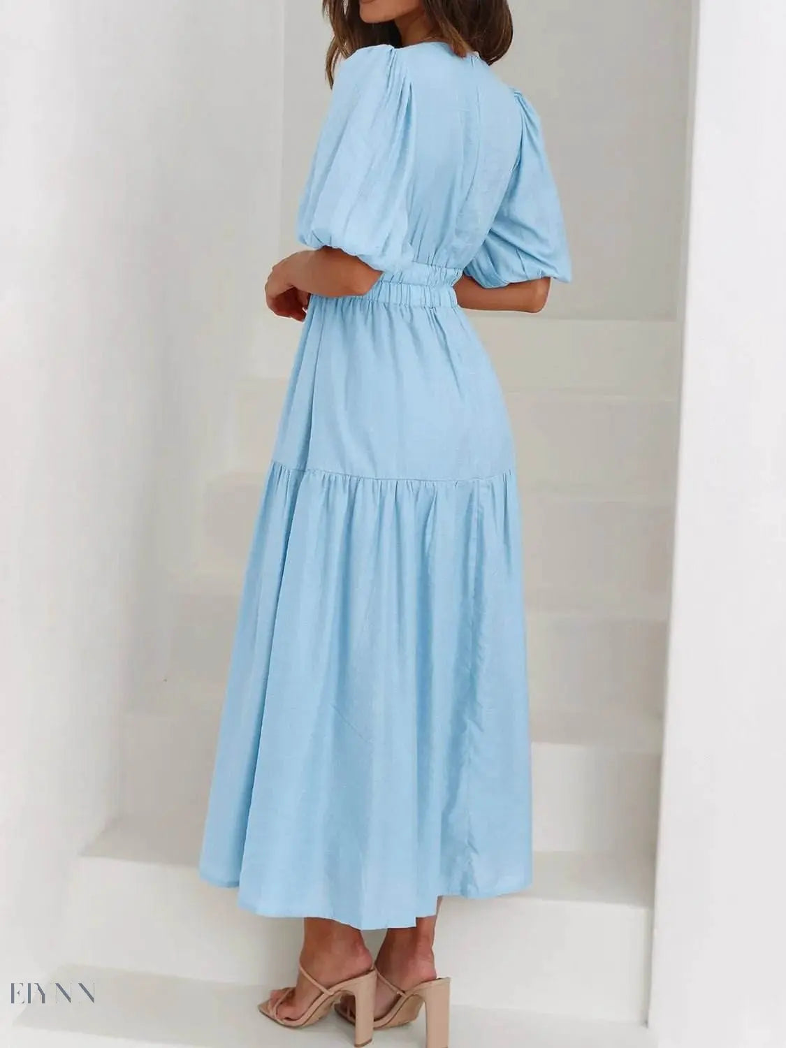 V-Neck Puff Sleeve Midi Dress - EBYNN