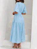 V-Neck Puff Sleeve Midi Dress - EBYNN