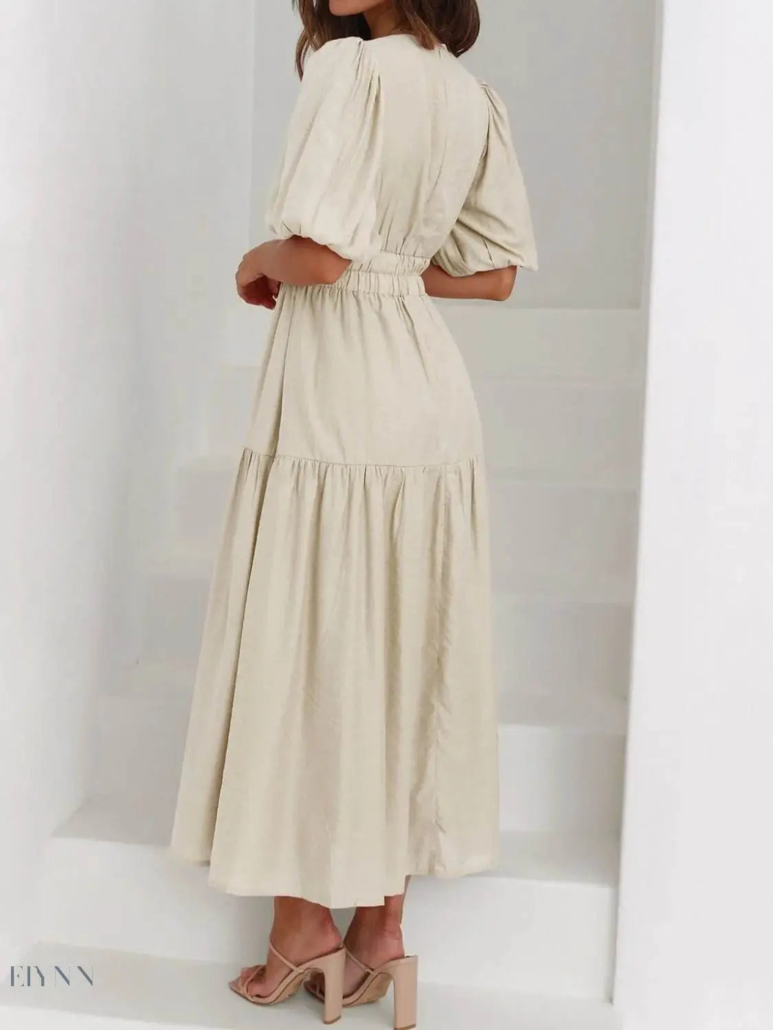 V-Neck Puff Sleeve Midi Dress - EBYNN