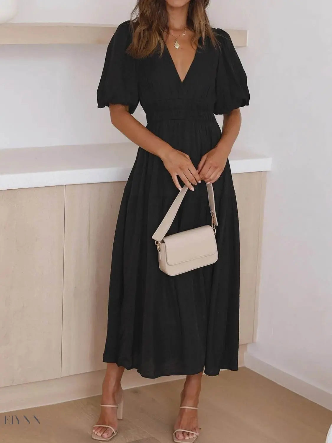 V-Neck Puff Sleeve Midi Dress - EBYNN