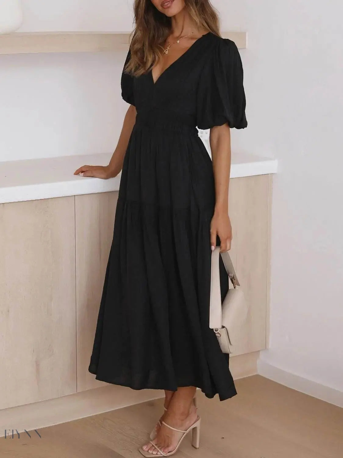 V-Neck Puff Sleeve Midi Dress - EBYNN
