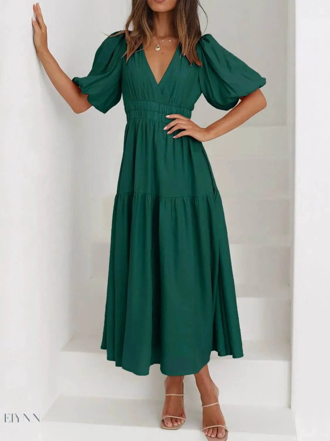 V-Neck Puff Sleeve Midi Dress - EBYNN
