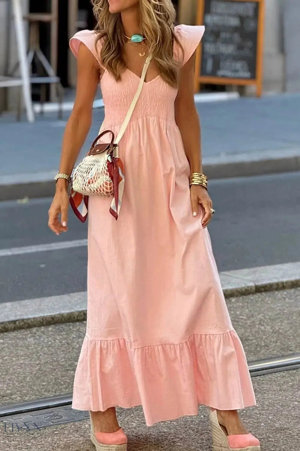 V Neck Ruffled Cap Sleeve Smocked Maxi Dress - EBYNN
