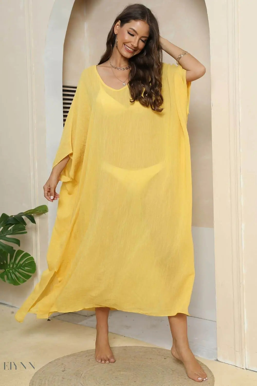 V-Neck Three-Quarter Sleeve Beach Cover-Up - EBYNN