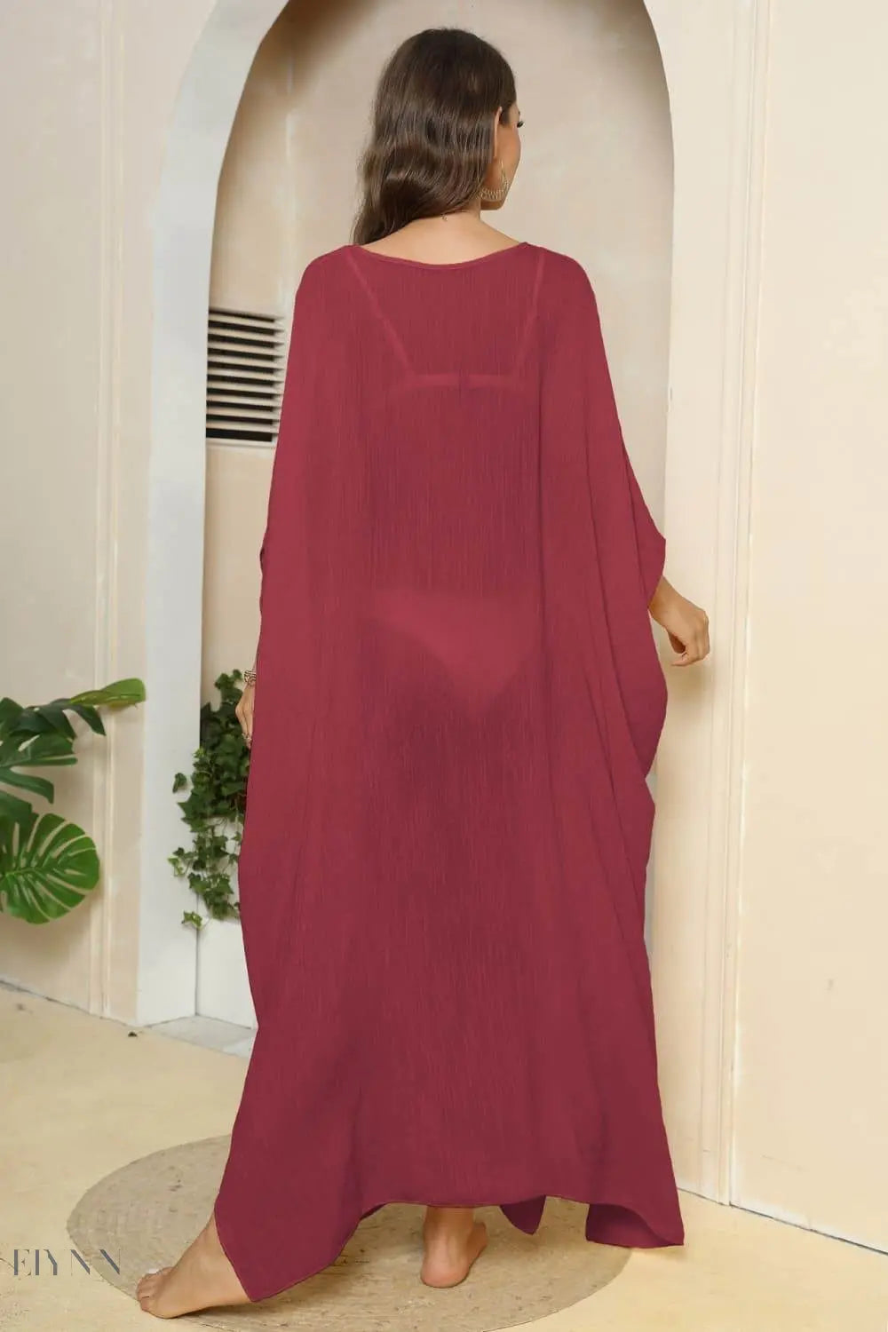 V-Neck Three-Quarter Sleeve Beach Cover-Up - EBYNN