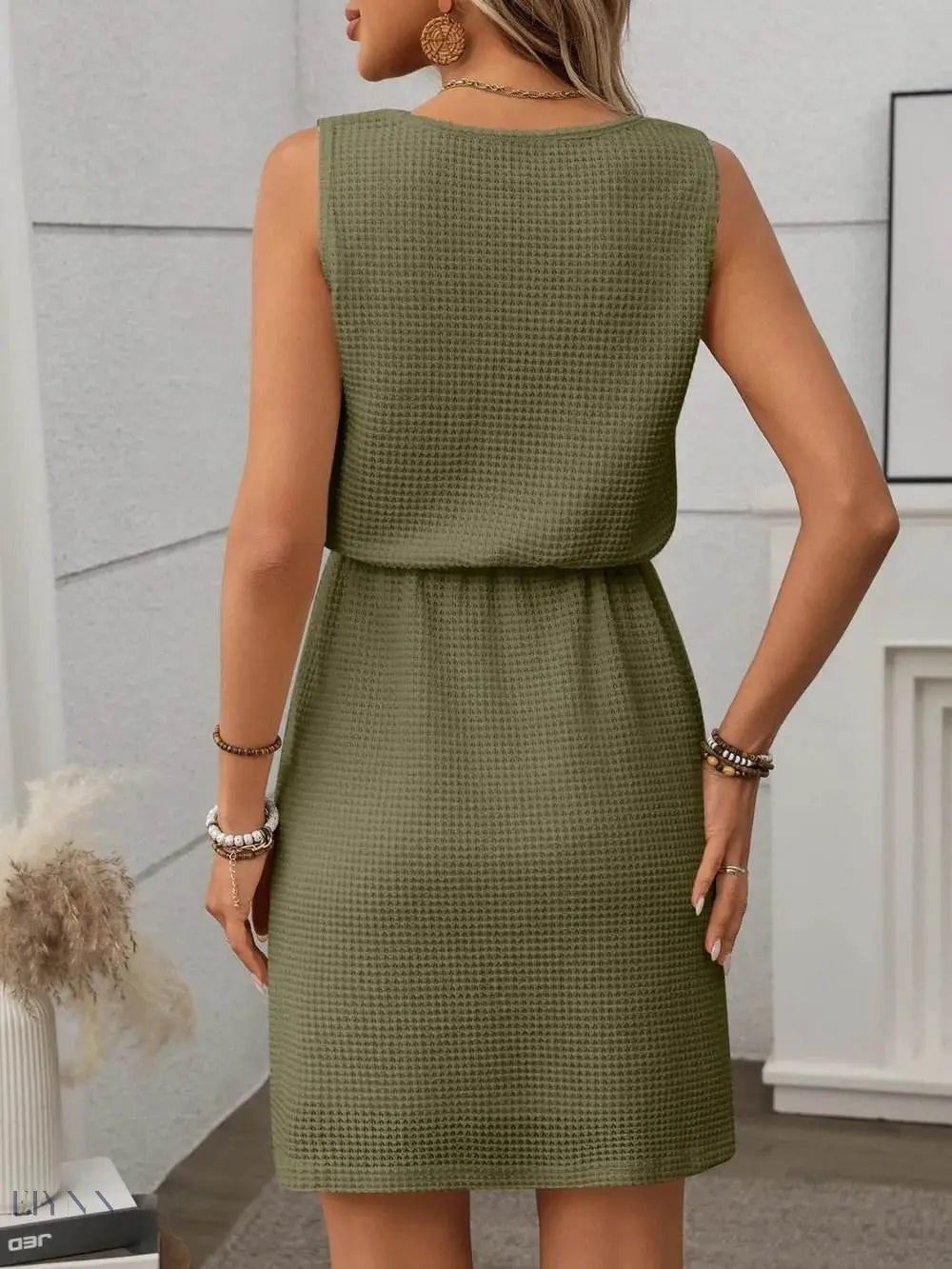 Waffle Knit Mini Tank Dress with Drawstring Design - EBYNN