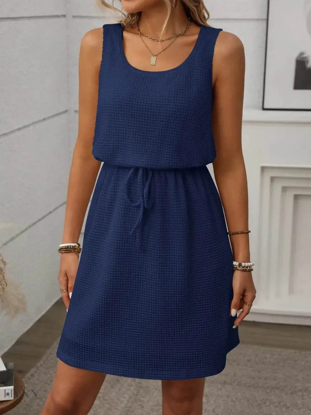 Waffle Knit Mini Tank Dress with Drawstring Design - EBYNN