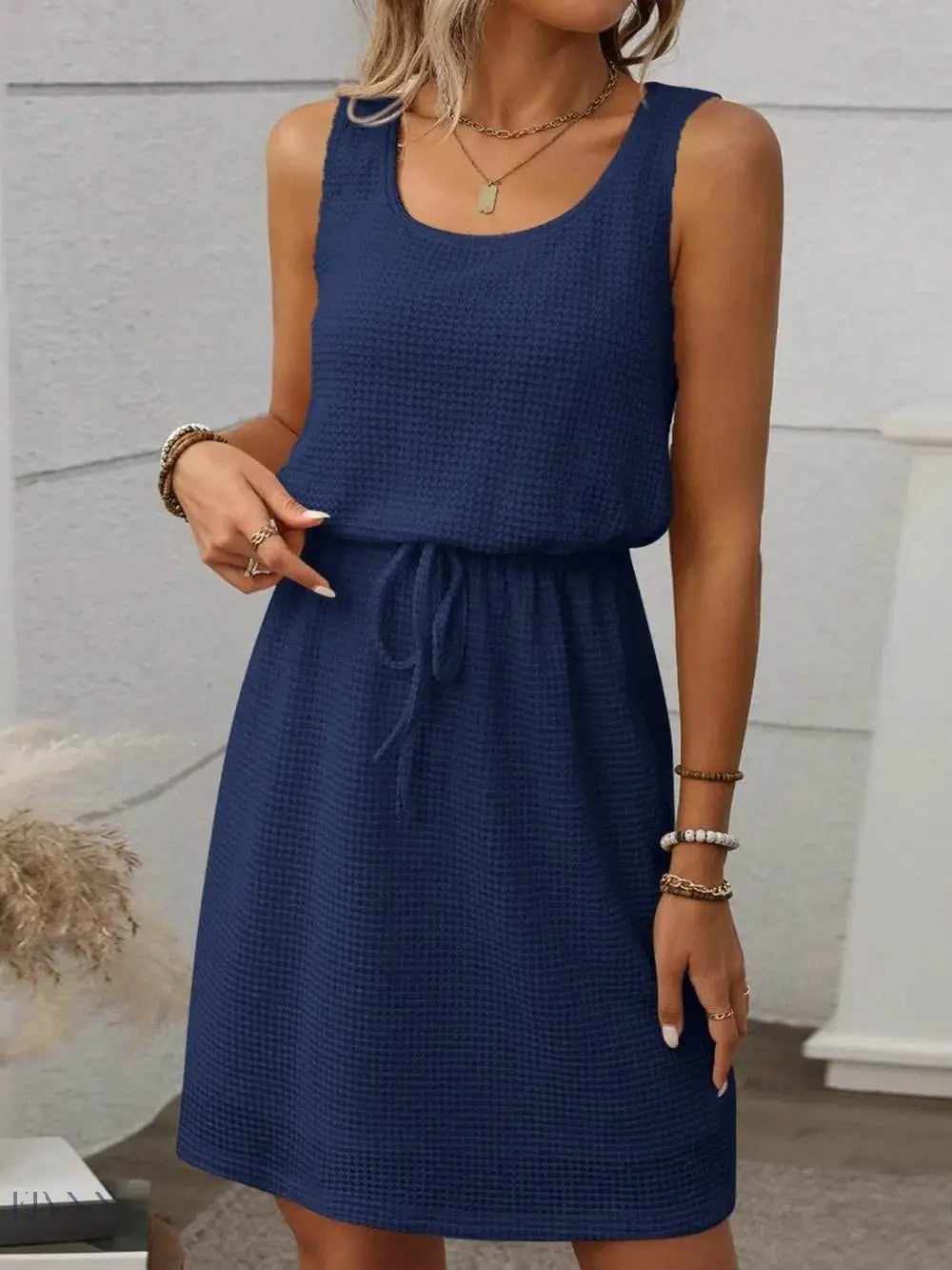 Waffle Knit Mini Tank Dress with Drawstring Design - EBYNN
