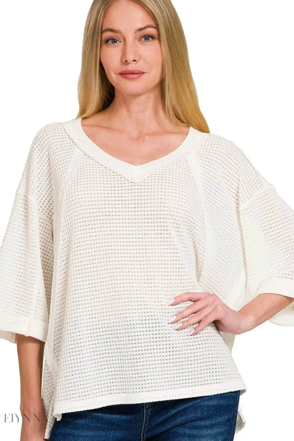 Zenana Waffle V-Neck Top - Brushed Waffle 3/4 Sleeve Design - EBYNN