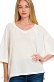 Zenana Waffle V-Neck Top - Brushed Waffle 3/4 Sleeve Design - EBYNN