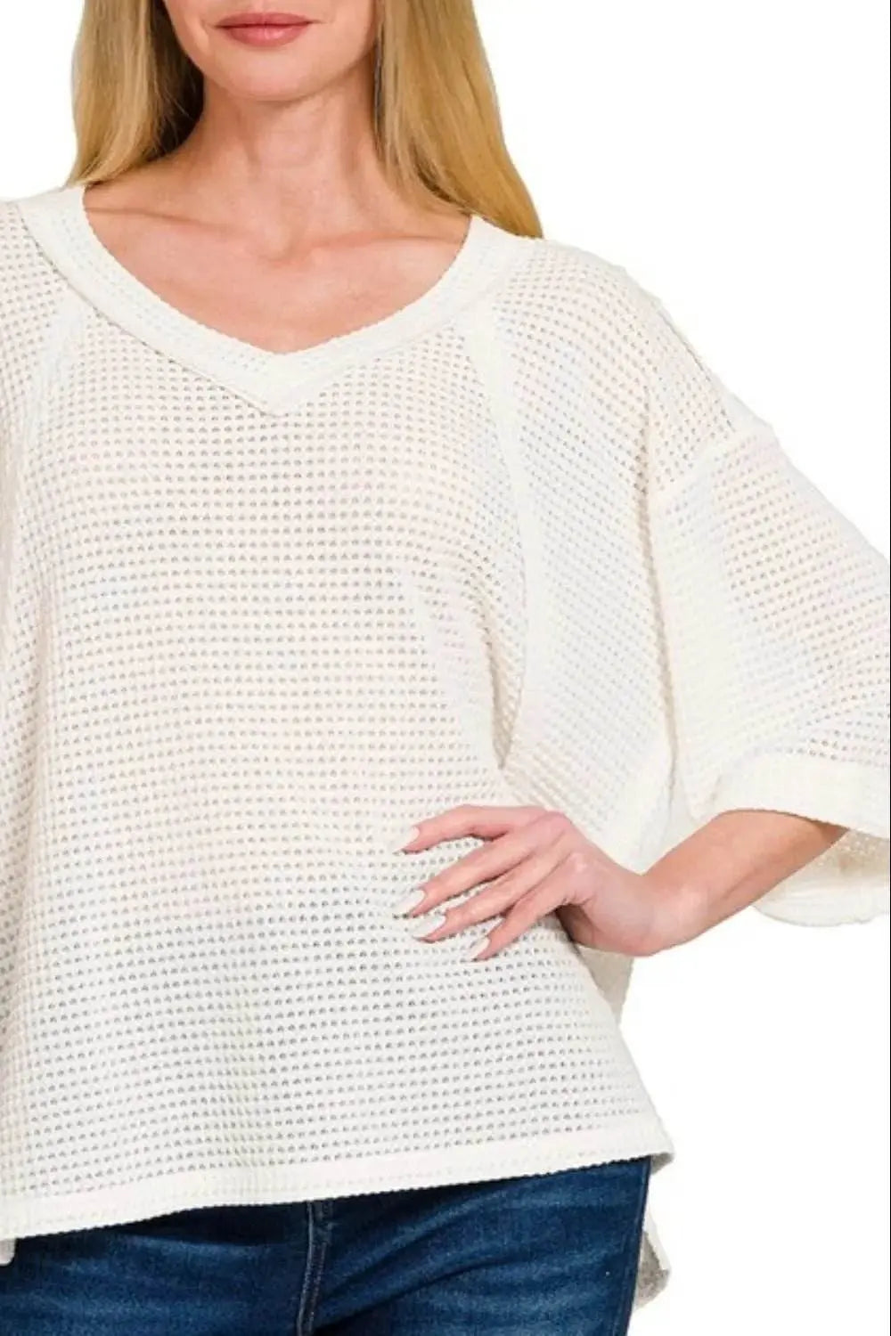 Zenana Waffle V-Neck Top - Brushed Waffle 3/4 Sleeve Design - EBYNN