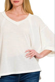 Zenana Waffle V-Neck Top - Brushed Waffle 3/4 Sleeve Design - EBYNN
