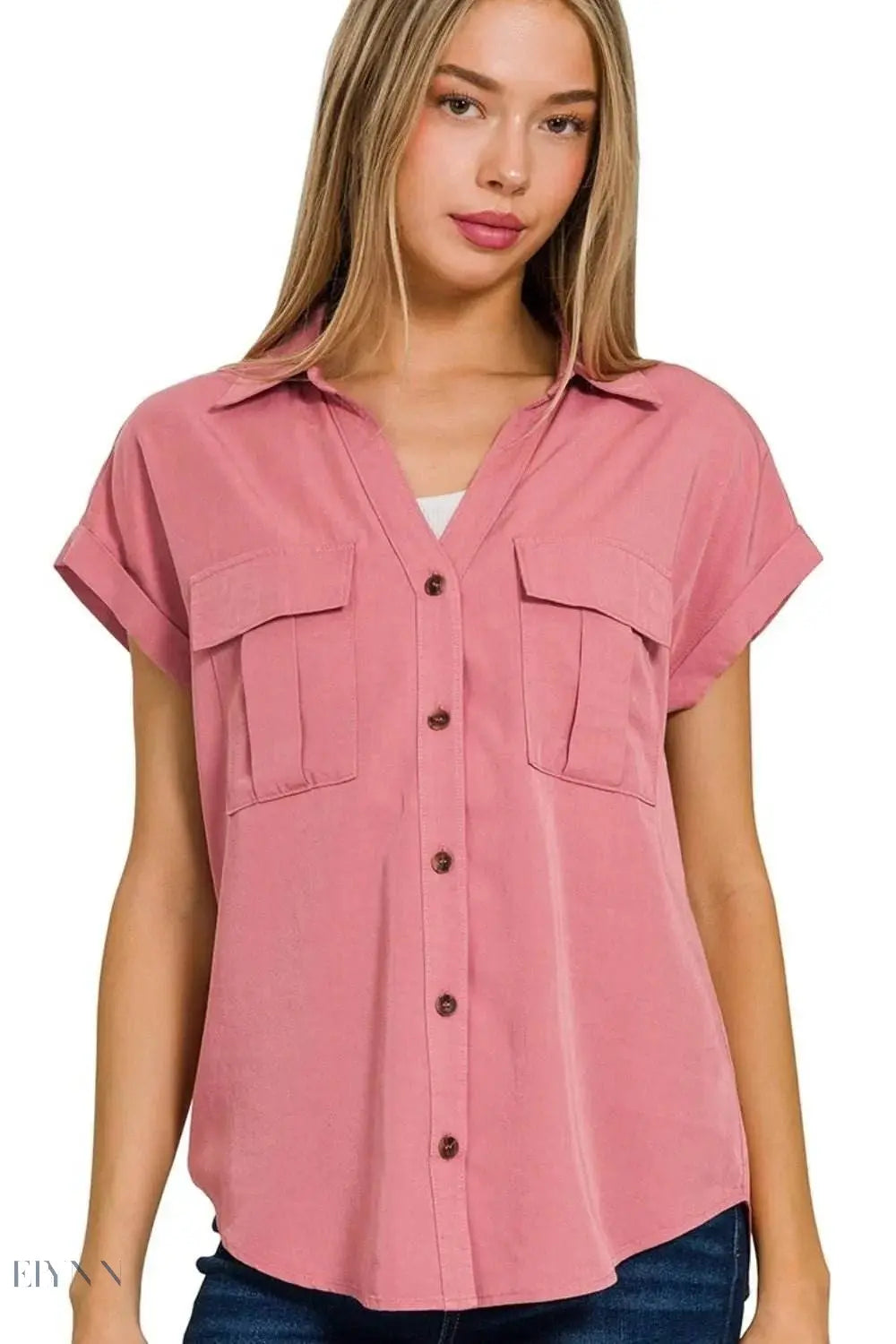 Zenana Tencel Utility Blouse with V-Neck and Collar for Effortless Style - EBYNN