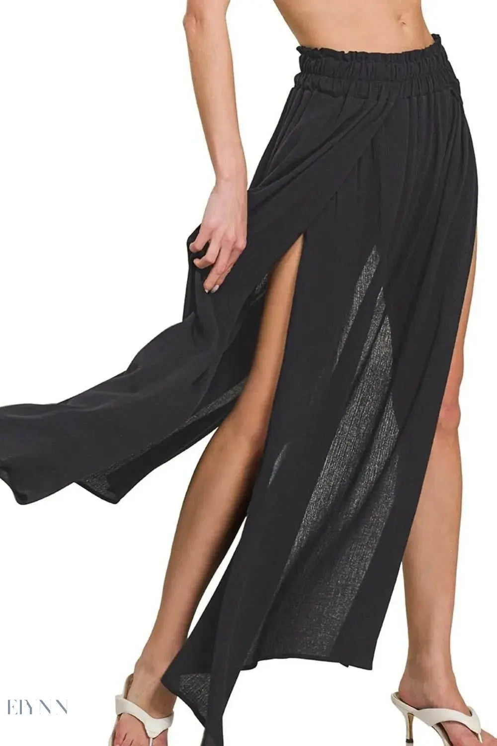 Zenana Woven Crinkle Gauze Black Maxi Skirt - EBYNN