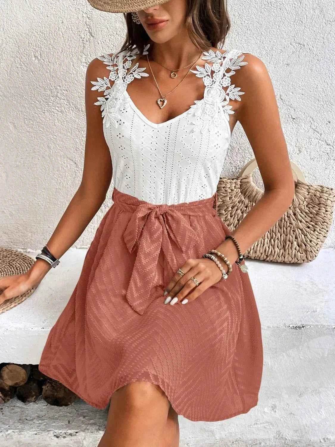 Lace Detail Tie Waist Mini Cami Dress.