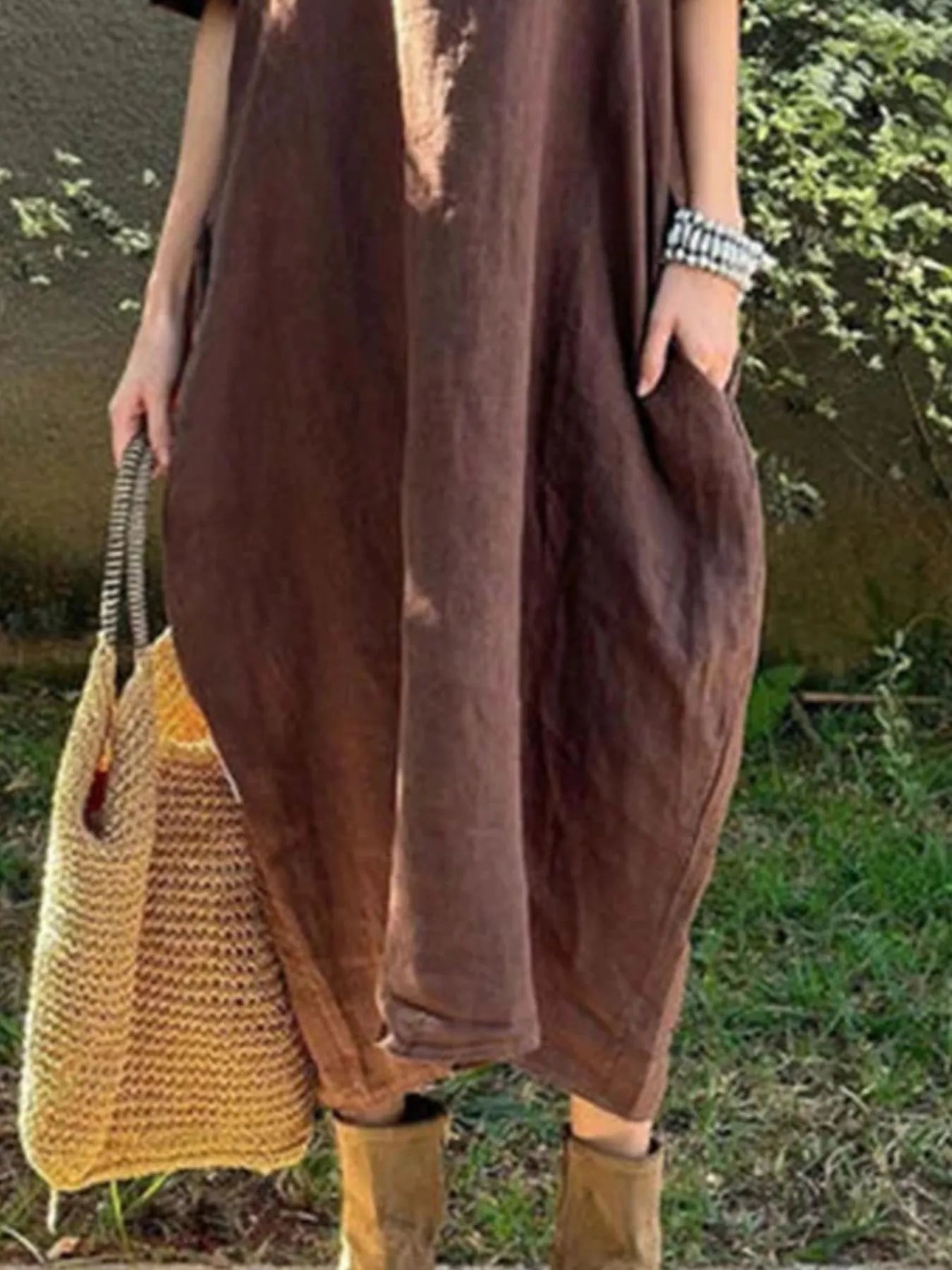Plus Size Casual Loose Fit Round Neck Midi Dress.