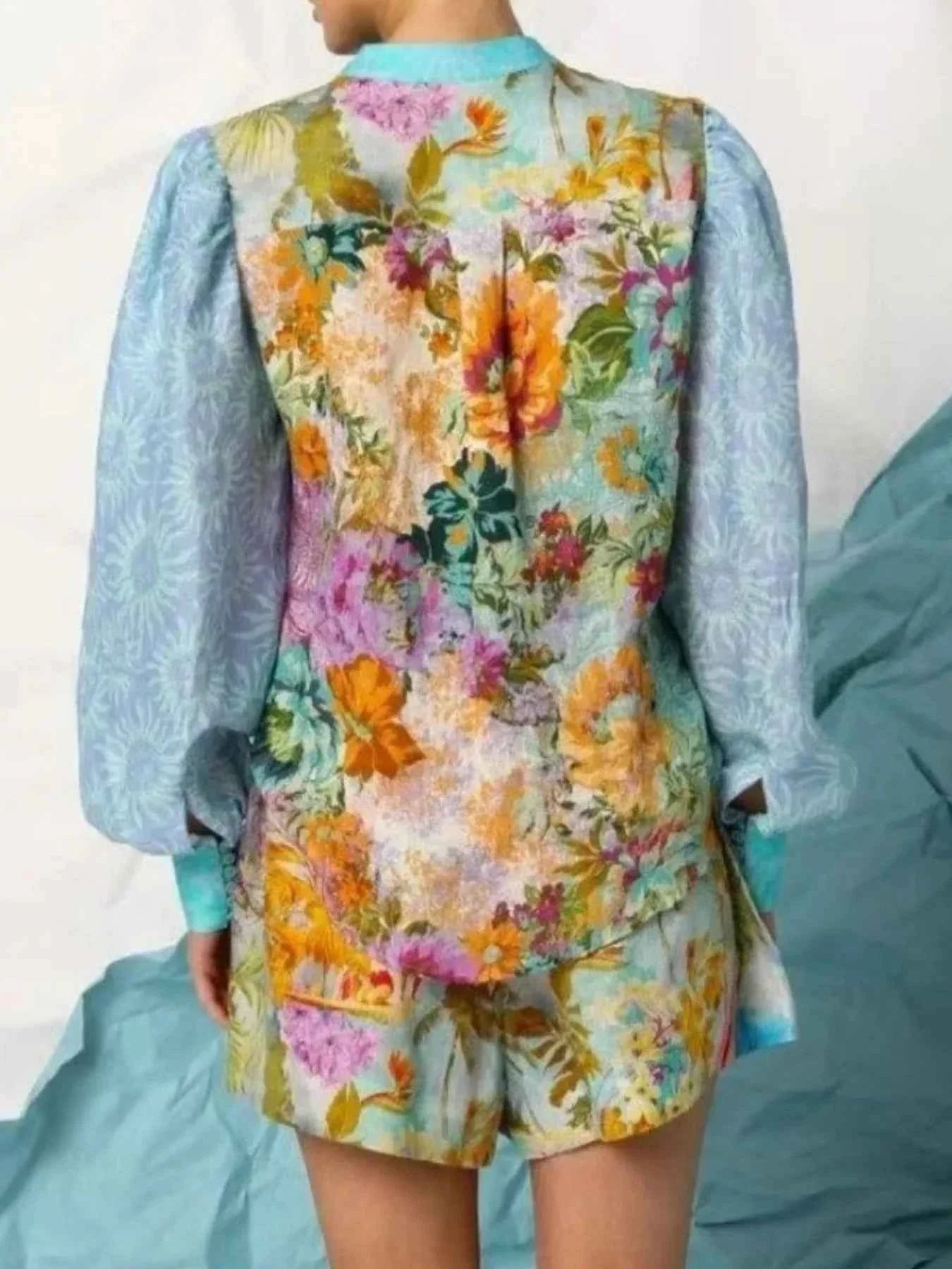 Printed Button Up Shirt and Shorts Set.
