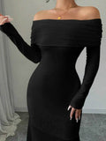 Off-Shoulder Long Sleeve Bodycon Maxi Dress.