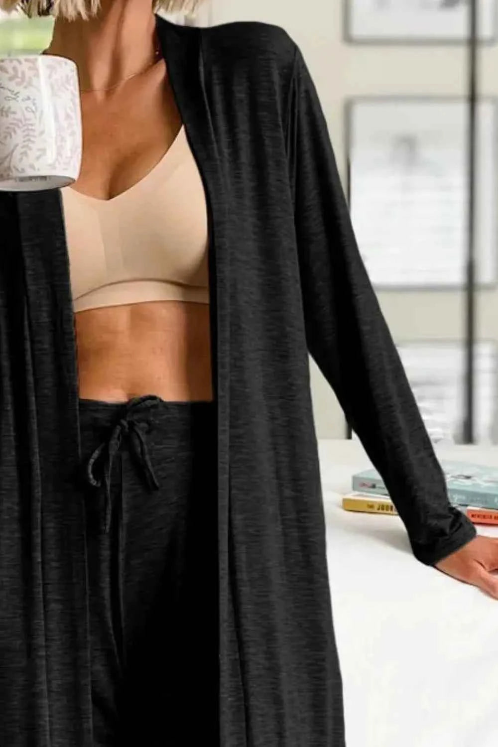 Open Front Long Sleeve Cardigan & Pants Lounge Set.