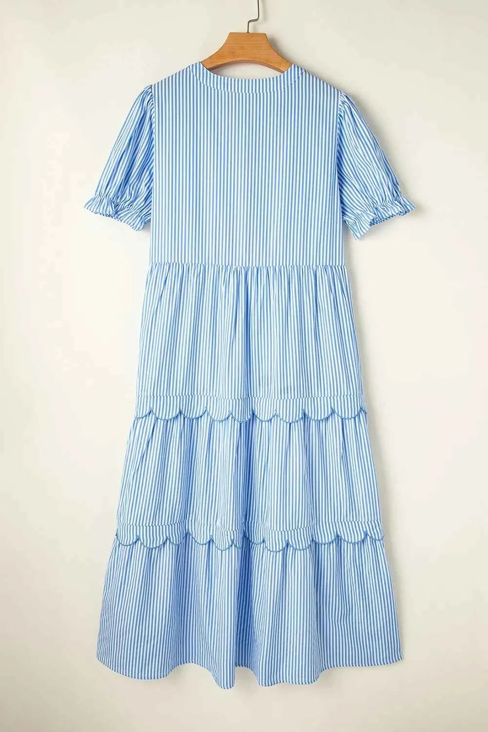 Stripe Bubble Short Sleeve Tiered Scallop Midi Dress.
