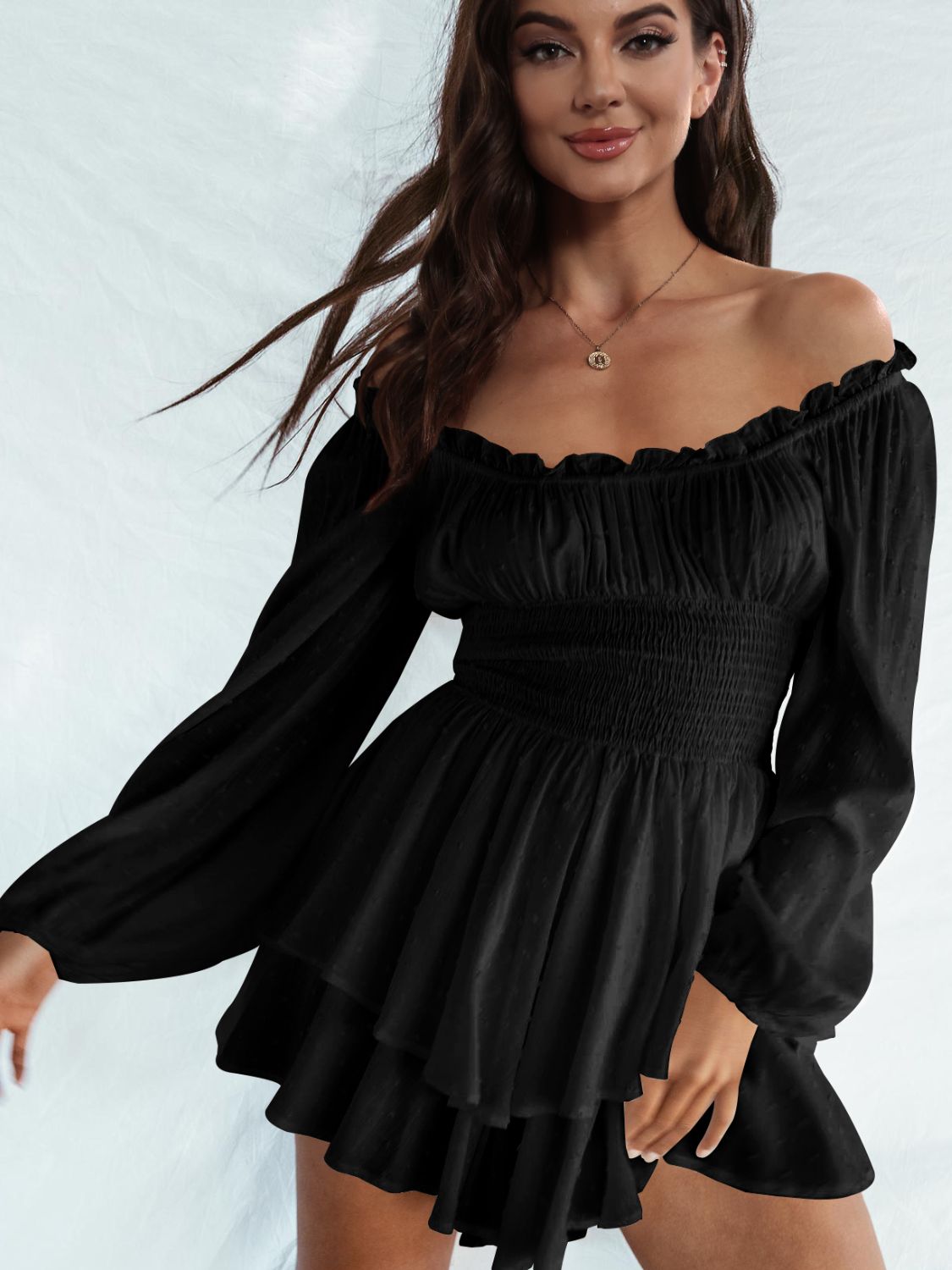 Off Shoulder Smocked Waist Mini Romper.