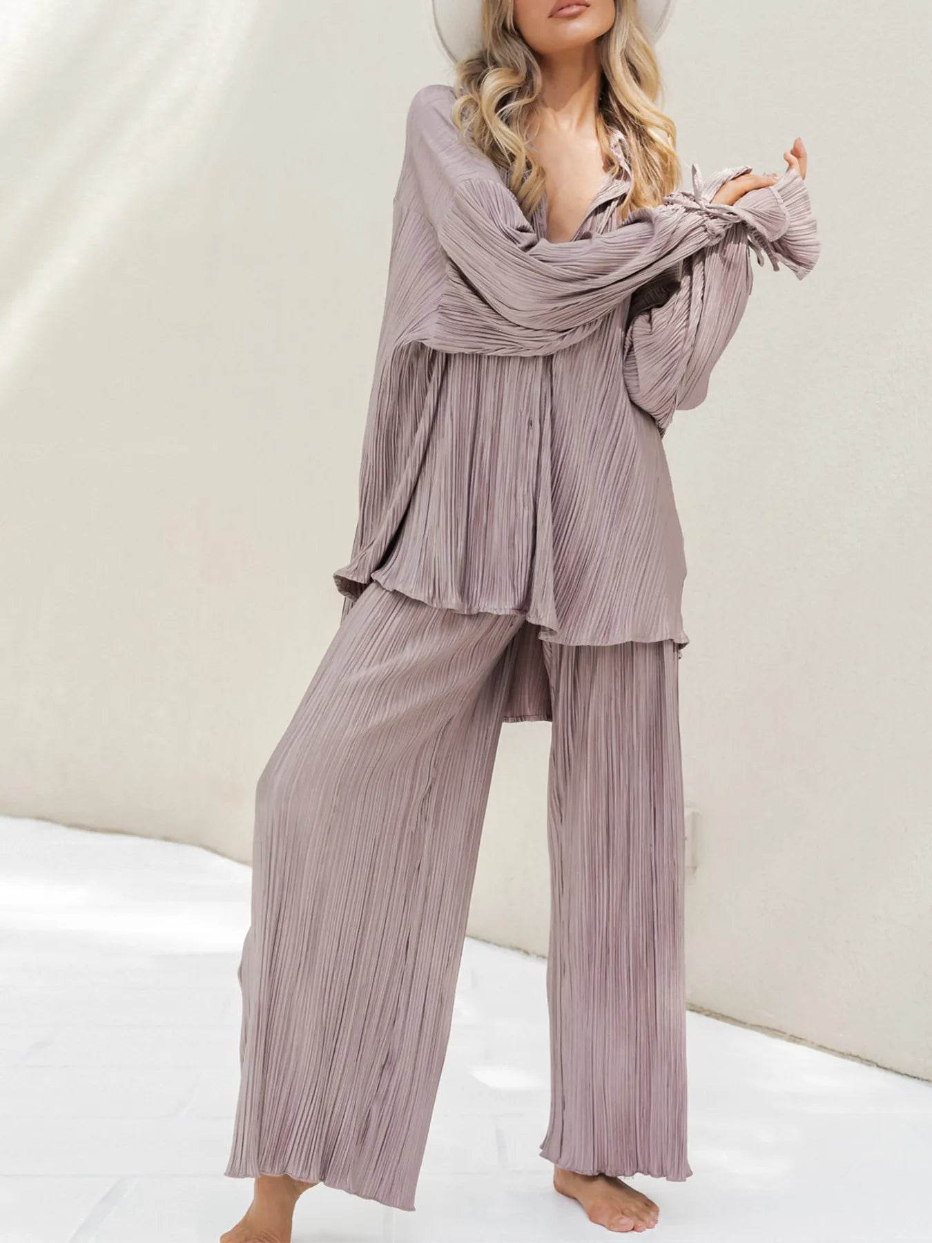 Button Up Long Sleeve Set with Pants - Stylish and Comfortable Outfit - EBYNN