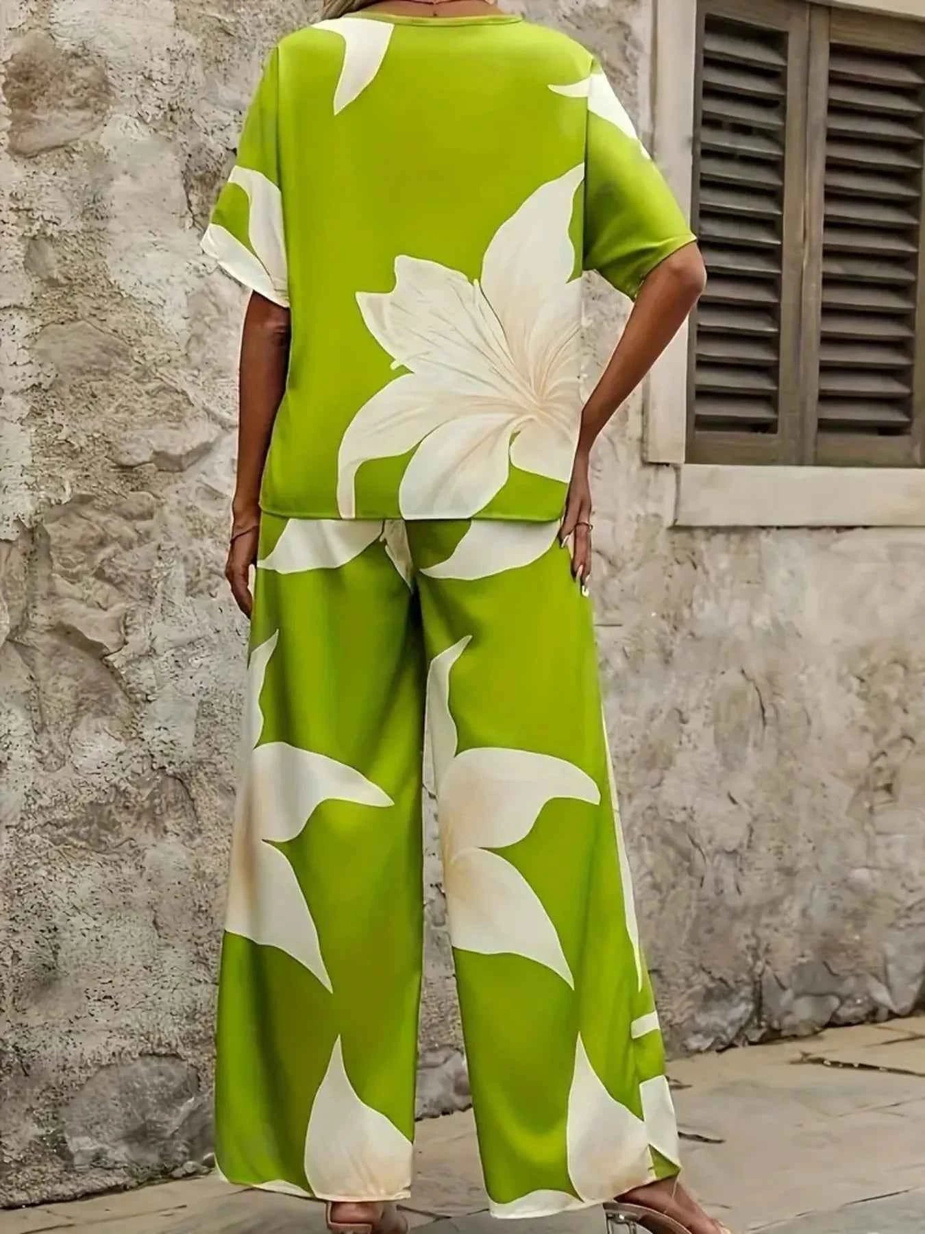 Printed V-Neck Top and Pants Set.