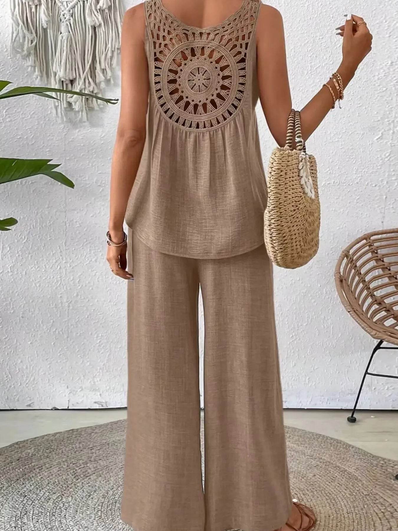 Round Neck Tank and Wide Leg Pants Set - EBYNN