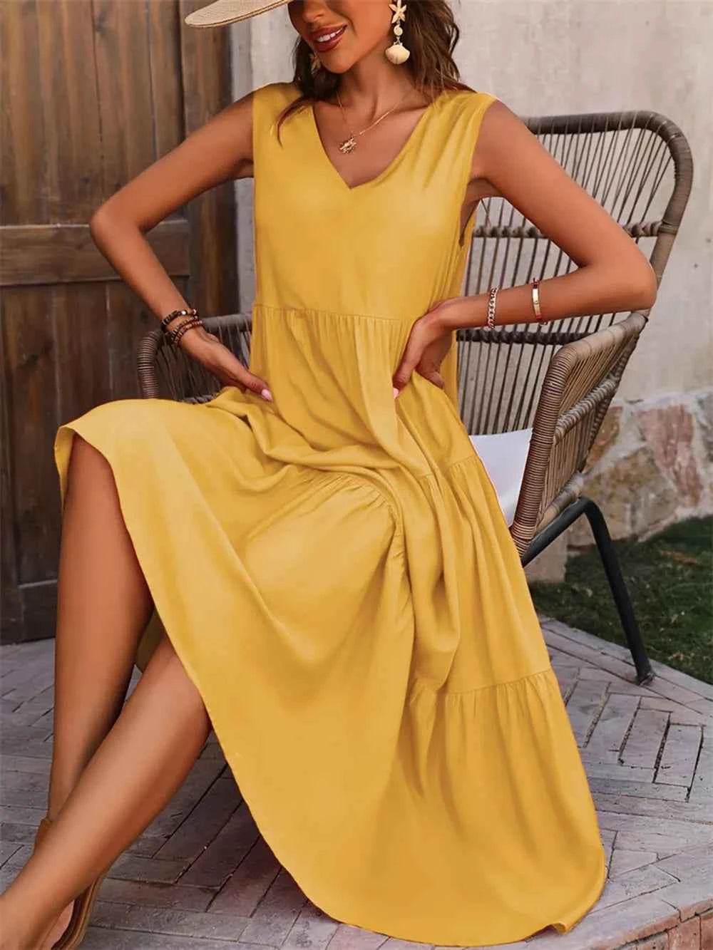 Tiered V-Neck Sleeveless Cotton Dress.