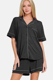 Zenana Short Sleeve Button Down Top and Shorts Lounge Set.