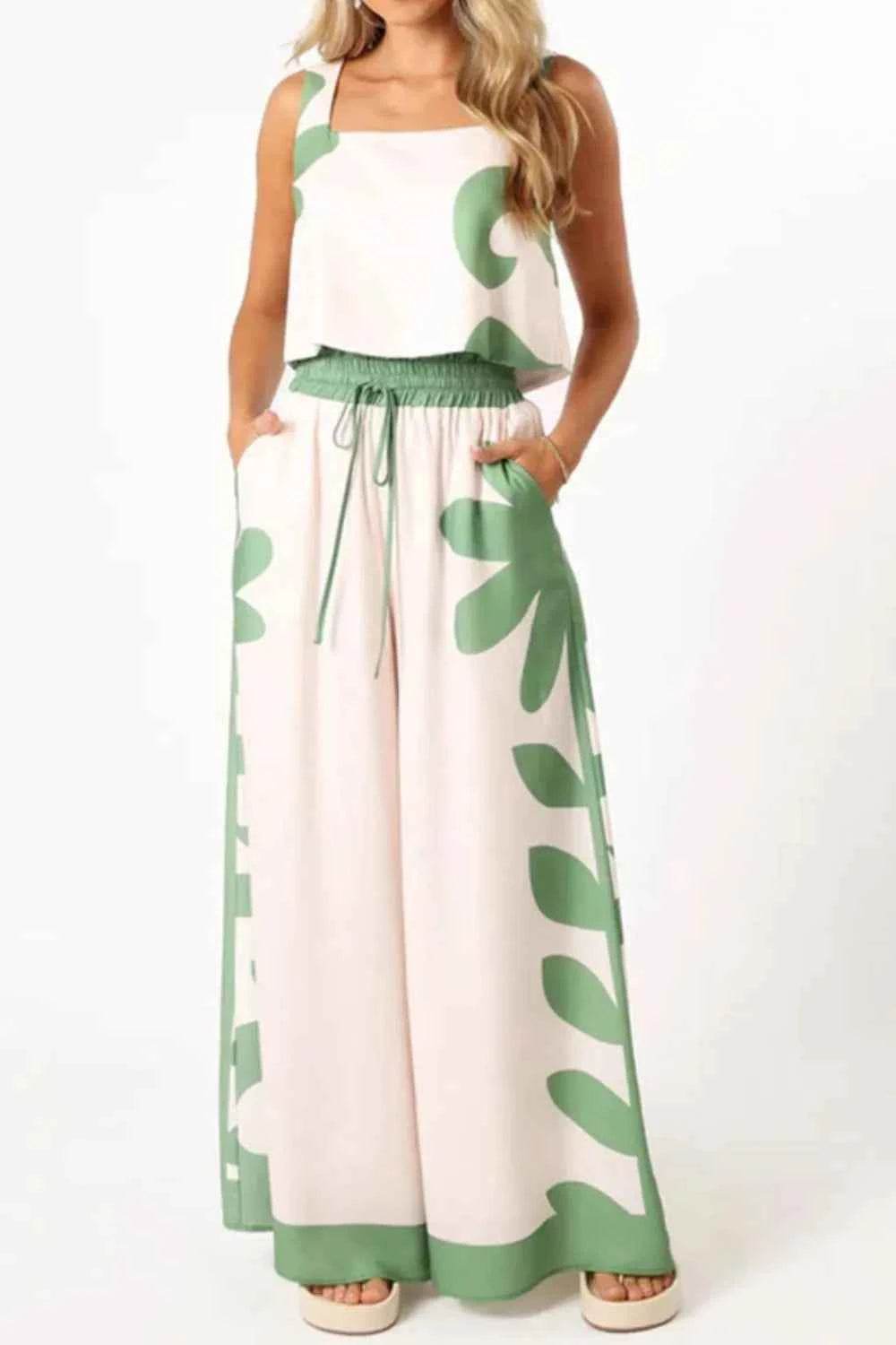 Leaf Print Tank Top and Pants Set - EBYNN