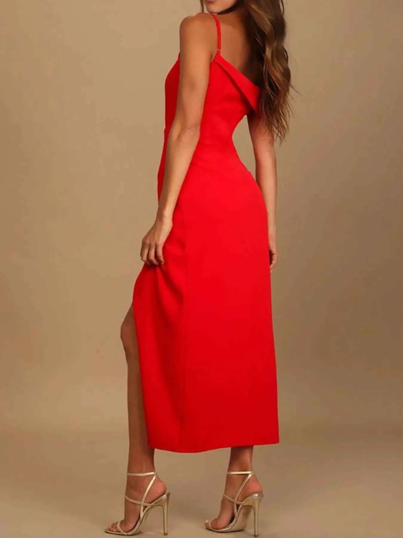 Split Asymmetrical Neck Midi Dress.